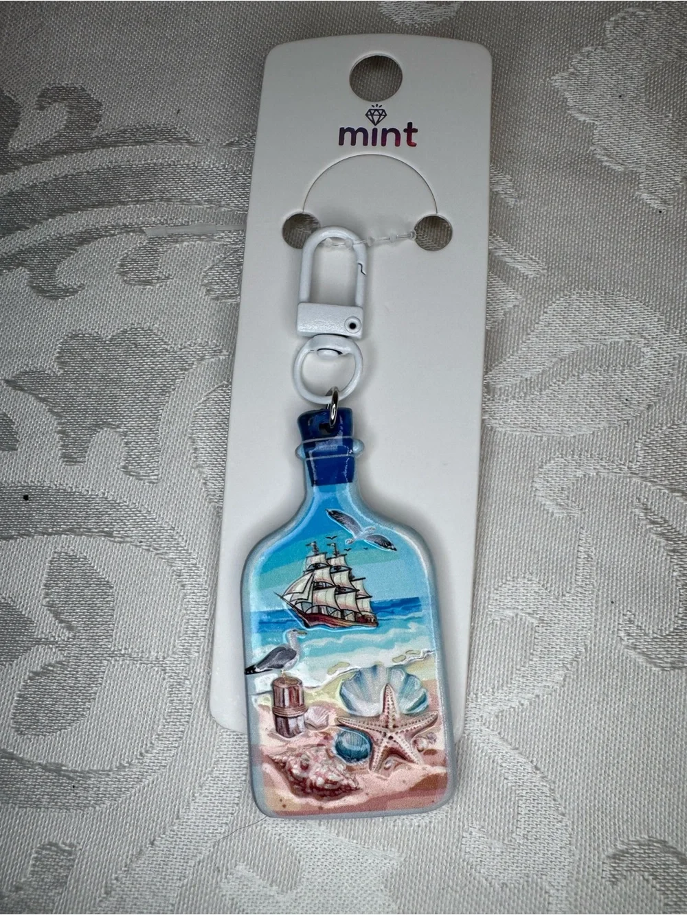 New Mint Nautical Bottle Keychain zipper pull with Ship and Seashells